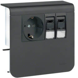 Держатель устройств SL new, с розетками Schuko (L+N+PE) 16A 250A AC и 2хRJ45 Кат.6, для профиля 20х55мм, PC/ABS, безгалогеновый, графитово-чёрный