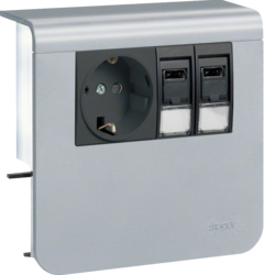 Держатель устройств SL new, с розетками Schuko (L+N+PE), 16A, 250A AC и 2хRJ45 Кат.6, для профиля 20х55мм, PC/ABS, безгалогеновый, декор "алюминий"