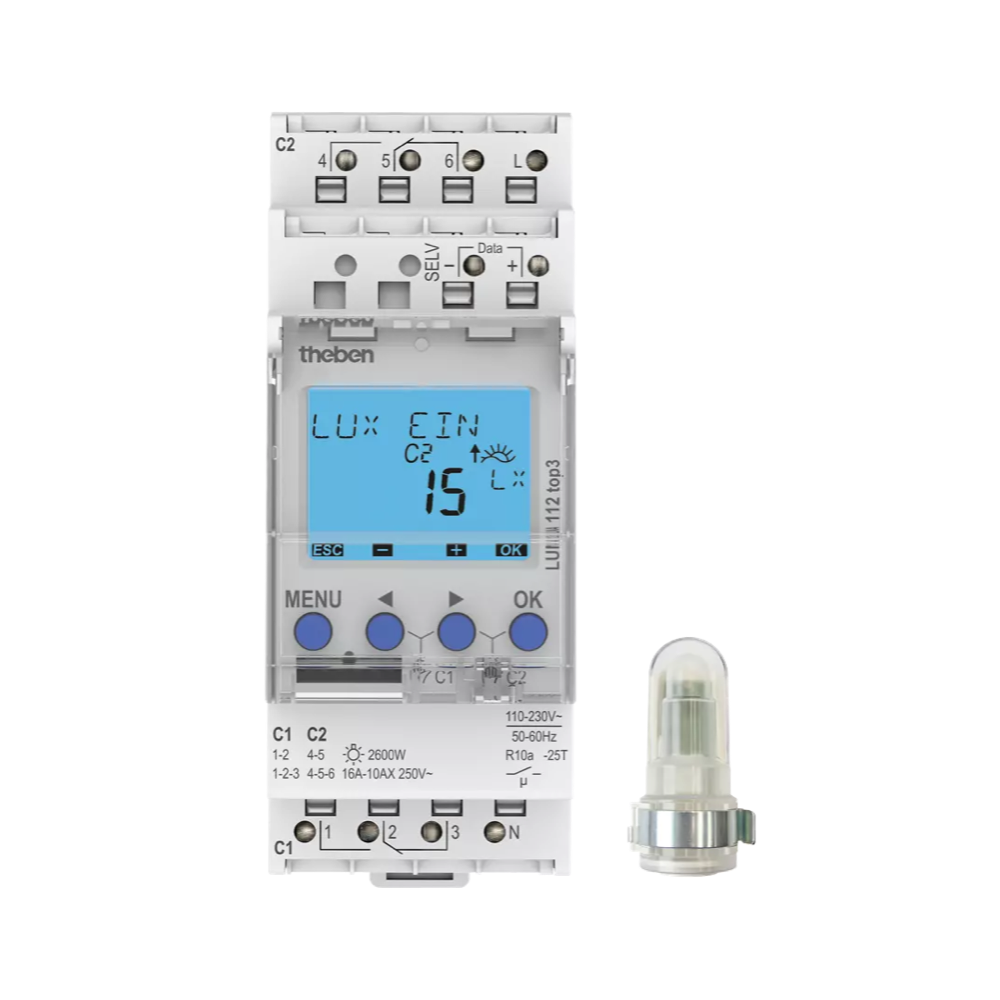 LUNA 112 top3 AL, фотореле 110-230VAC, 2x 16А, 2x 2,6кВт, DIN, IP20, датчик накладного монтажа IP55