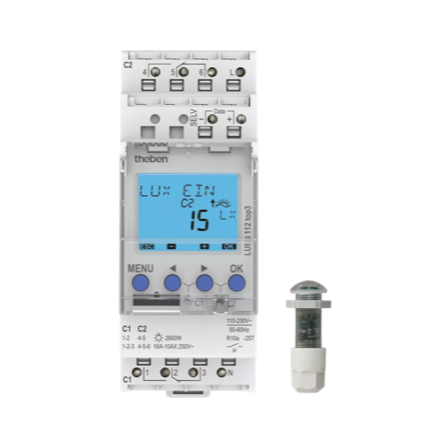 LUNA 112 top3 EL, фотореле 110-230VAC, 2x 16А, 2x 2,6кВт, DIN, IP20, датчик врезного монтажа IP65