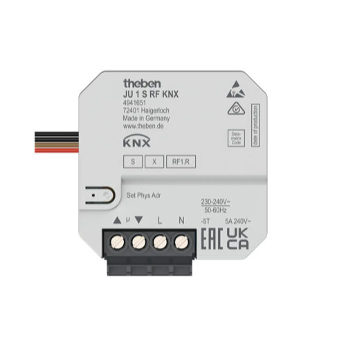 JU 1 S RF KNX, актуатор приводов жалюзи, 1 канал, 2 бинарных входа (1x NTC), скрытый монтаж