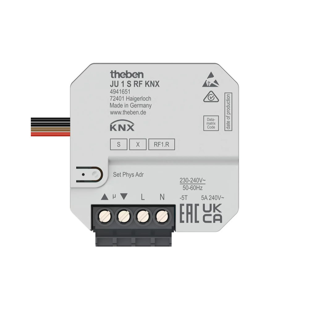 JU 1 S RF KNX, актуатор приводов жалюзи, 1 канал, 2 бинарных входа (1x NTC), скрытый монтаж
