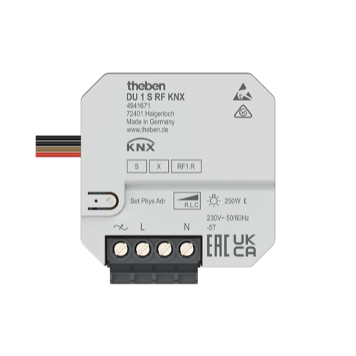DU 1 S RF KNX, универсальный RLC диммер, 1 канал x250Вт, 2 бинарных входа (1x NTC), скрытый монтаж