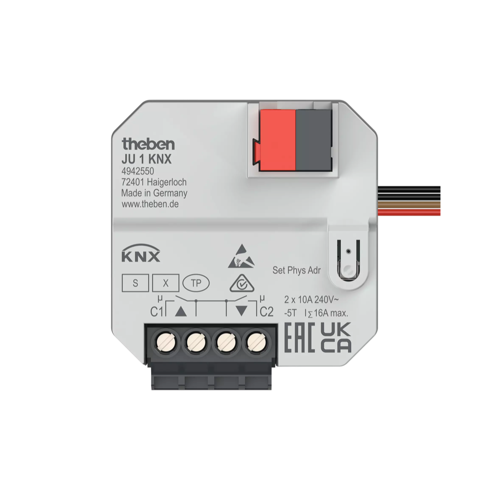 JU 1 KNX, актуатор приводов жалюзи / 2х бинарные выходы, 2х 10А, 2x бинарные входы (1х NTC(арт. 9070496)), IP20, скрытый монтаж