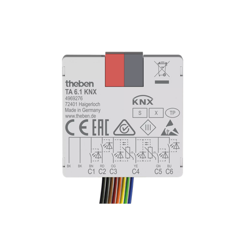 TA 6.1 KNX, универсальные бинарные входы/выходы, 6х 5В/3мА, 2х NTC входа (-5°C...+100°C, рекомендуем арт. 9070321, 9070459, 9070496), IP20, скрытый монтаж