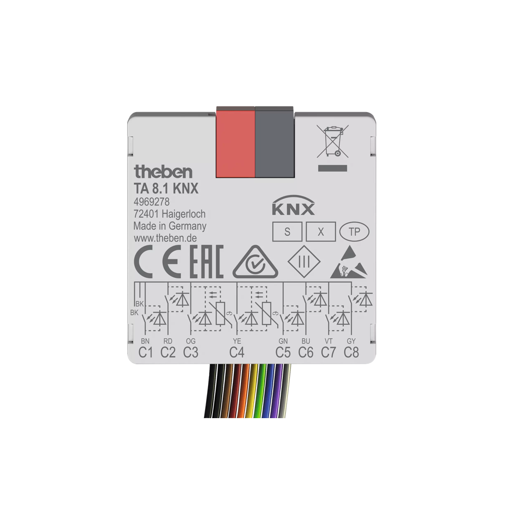 TA 8.1 KNX, универсальные бинарные входы/выходы, 8х 5В/3мА, 2х NTC входа (-5°C...+100°C, рекомендуем арт. 9070321, 9070459, 9070496), IP20, скрытый монтаж