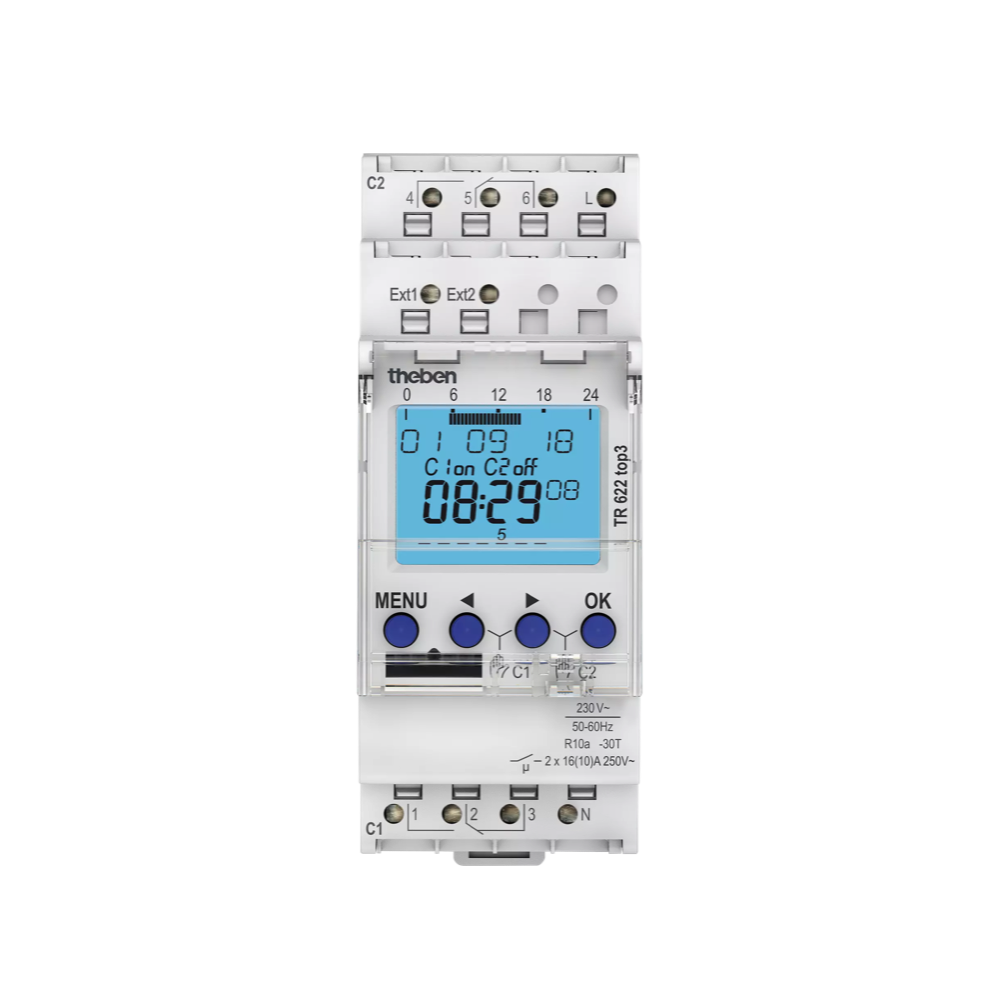 TR 622 top3, 230В, 16А, 2,6кВт, таймер цифровой, 2 канала, расширенный функционал, 2ТЕ, DIN