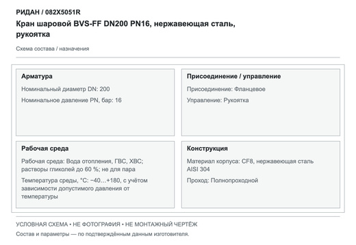 Кран шаровой BVS-FF DN200 PN16, нержавеющая сталь, рукоятка — Ридан 082X5051R